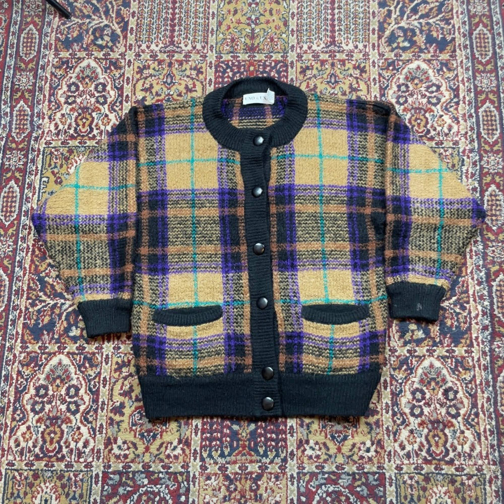 VTG 80s 90s Uno & Una Plaid Chunky Knit Cardigan‎ Sweater Purple Black Medium